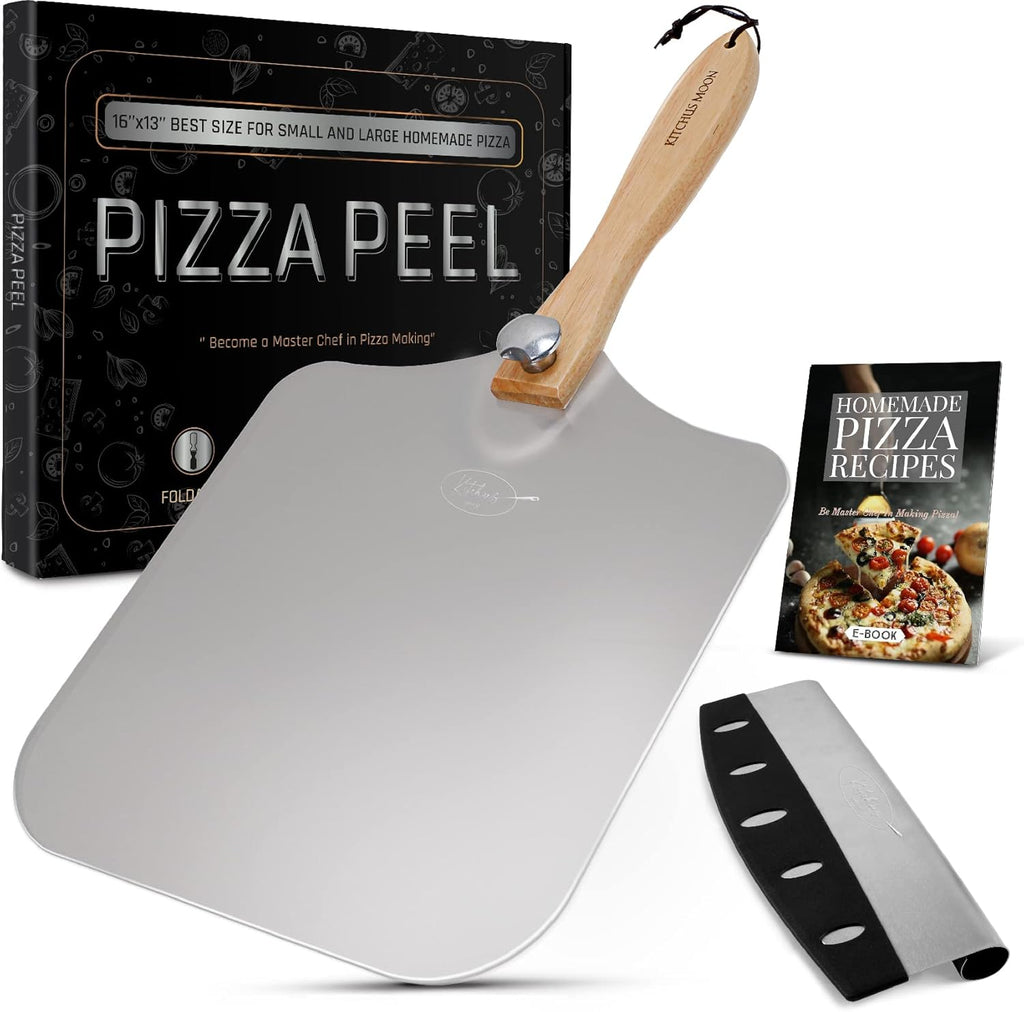 Large Pizza Peel Set 16"x13"— Ultra-Thin 16” Pizza Peel Set with Folding Handle & 14" Stainless Steel Cutter